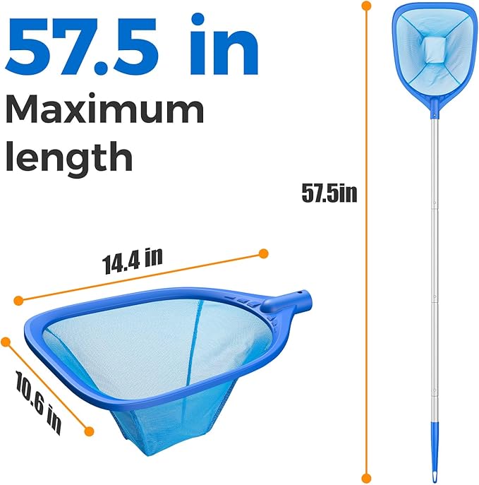 Swimming Pool Skimmer Net Total Length 57 inches, Leaf Rake Net with 4 Section Telescopic Aluminum Pole for Fast Cleaning Ponds, Hot Tub, and Spas, Pool Cleaner Supplies and Accessories