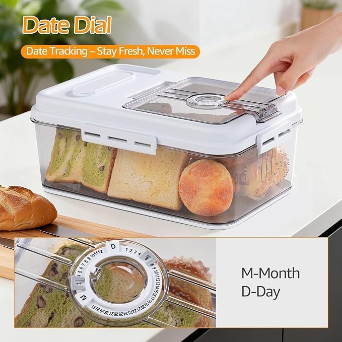 Dynta Bread Box for Homemade Bread for Kitchen Counter Airtight, Time Recording Bread Storage Container with Lid, Bread Keeper for Toast, Bagel, Donut and Cookies, 2 Pack