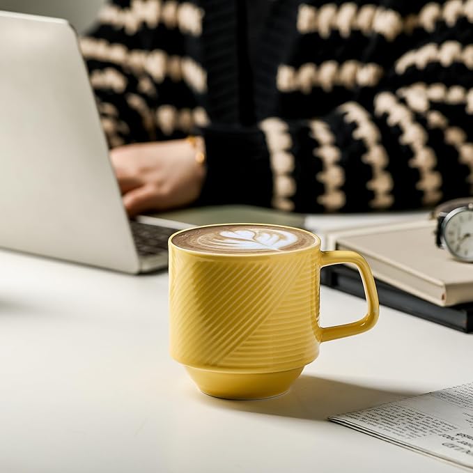 Stackable Coffee Mugs with Rack: 13 oz Stacking Ceramic Cups with Stand - Porcelain Stacked Tea Mug Set of 4 (Light Yellow)