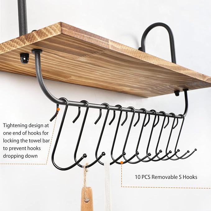 Olakee Floating Wall Shelves for Kitchen Bathroom Coffee Nook with 10 Adjustable Hooks for Mugs Cooking Utensils or Towel Rustic Storage Shelves Set of 2/17x5.9 inch (Carbonized Black)