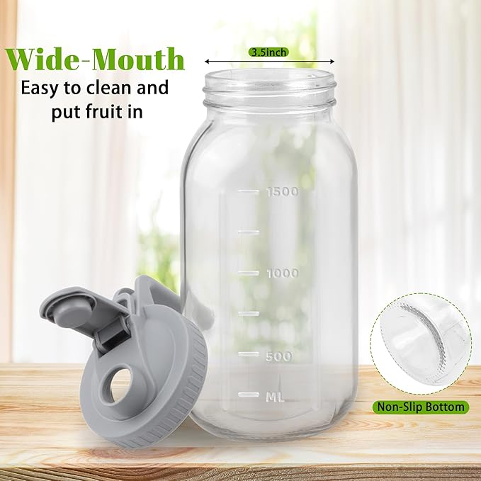 64 Oz Glass Pitcher with Lid 2 Pack, 2 Quart Heavy Duty Breast Milk Pitcher, Thickened Glass, Leak-Proof, Wide Mouth Mason Jar with Pouring Airtight Lid,Ideal for Fridge Storage(pack of 2)