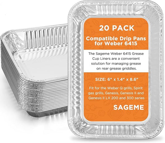 20 Pack Weber Grills Compatible Drip Pans 6415 for Weber Grills Spirit Gas Grills, Q Grills, Genesis and Genesis II LX 200 300 Series Disposable Aluminum Foil Grease Trays 6 x 1.4 x 8.6 Inches