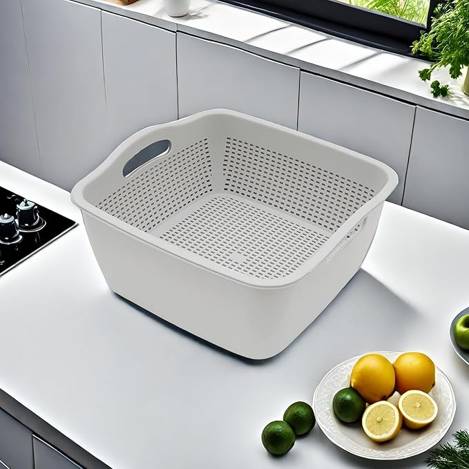 Kitchen Colander Drain Basin 2 in 1 Plastic Basket Strainer Bowl (grey), large, Gray