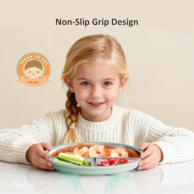 Stainless Steel Suction Plates for Toddlers, 9" Divided Kids Baby Plates with Removable Silicone Suction, Non Toxic Non Slip Portion Control Snack Dishes 3 Packs, Blue Gray Sage