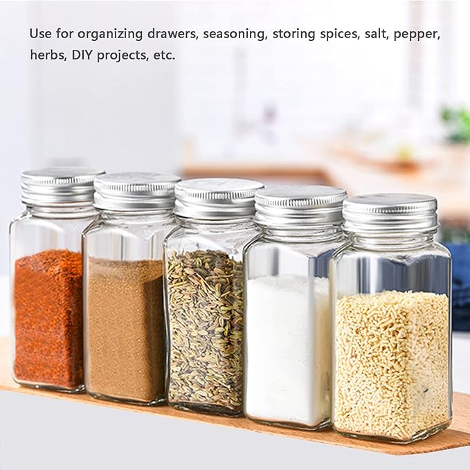 2-Pack Glass Spice Jars Set, With Spice Labels, Chalk Marker, Funnel, Shaker Lids and Airtight Metal Caps Included, 4oz Empty Spice Bottles, Square/Cylinder (Square)