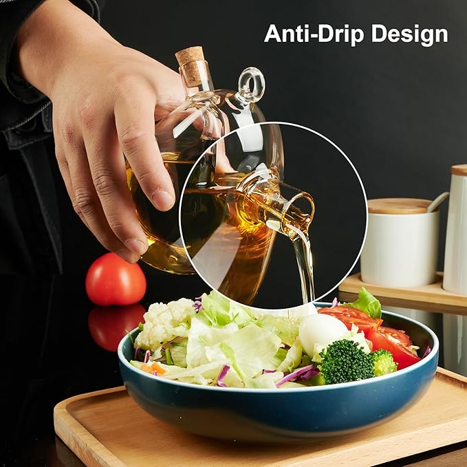 PARACITY Oil and Vinegar Dispenser Bottle 2 in 1, Olive Oil Dispenser Bottle for Kitchen with Cork Stoppers, 12OZ Transparent Glass Vinegar Dispenser