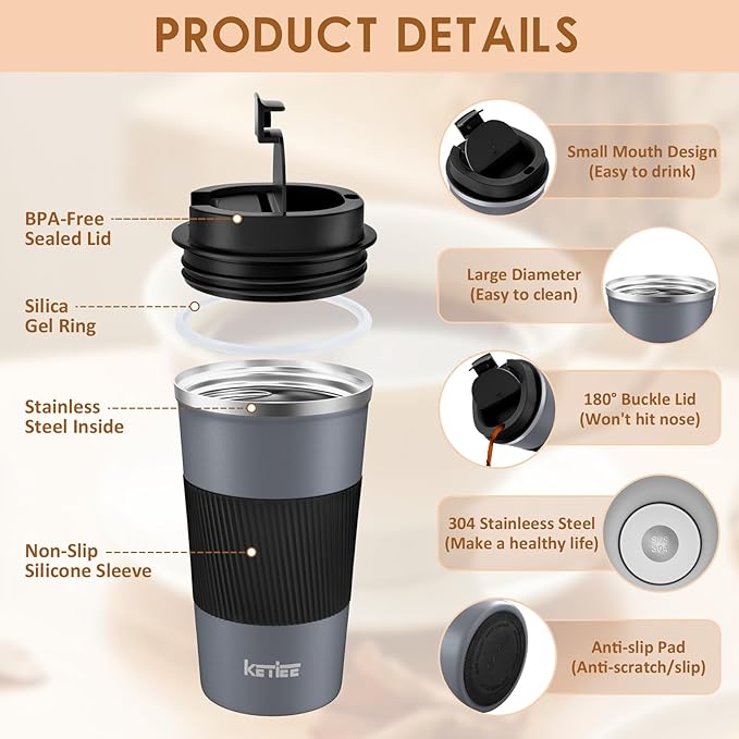 KETIEE Travel Coffee Mug Spill Proof 12oz, Insulated Reusable Coffee Cups with Seal Lid, Vacuum Stainless Steel Travel Mug to Go Car Tumbler for Hot/Iced Drinks (Grey)
