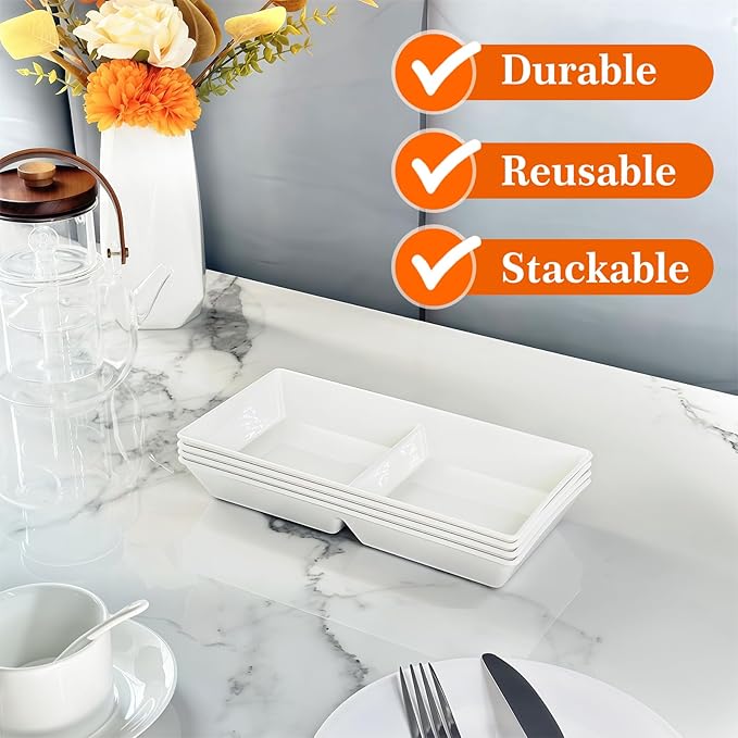 Divided Serving Tray Platter, 4 Pack 10" x 5" Fruit Veggie Food Tray for Party, Plastic Serving Trays for Appetizer, Snack, Dessert, Cookie, Brunch Decorations Platters, White Trays BPA-Free