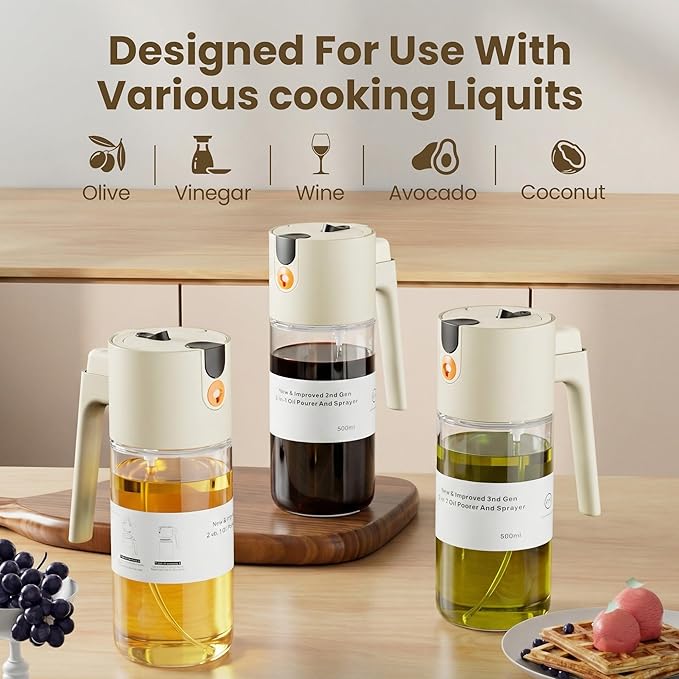 2026 Upgrade Oil Sprayer for Cooking, 2 in 1 Glass Olive Oil Dispenser 17oz, Food Grade Leakproof Kitchen Oil Bottle for Air Fryer BBQ Salad