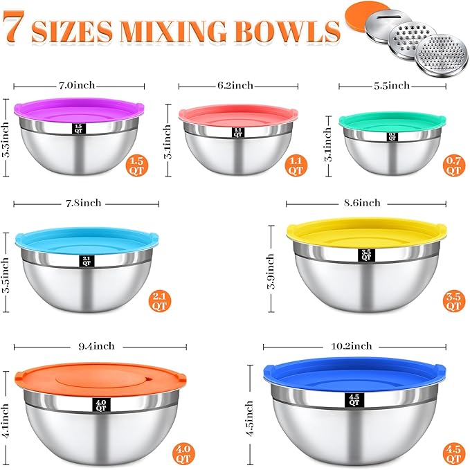 Mixing Bowls with Lids Set - 7 Nesting Mixing Bowls, 3 Graters, 11 Baking Tools, Airtight Lids, Stainless Steel Mixing Bowl for Mixing & Baking, Size 0.7/1.1/1.5/2.1/3.5/4/4.5 QT, Colorful