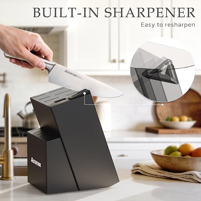 Astercook Knife Set, Kitchen Knives Set with Block and Sharpener Full Tang 15 Pcs Premium Stainless Steel Knives, Dishwasher Safe Knife Set with Anti-slip Ergonomic Handle, Black