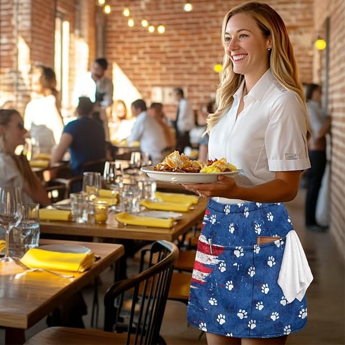 Server Waitress Waist Apron with 3 Pockets, Short Aprons for Servers,Waiter Apron For Waiter Accessories