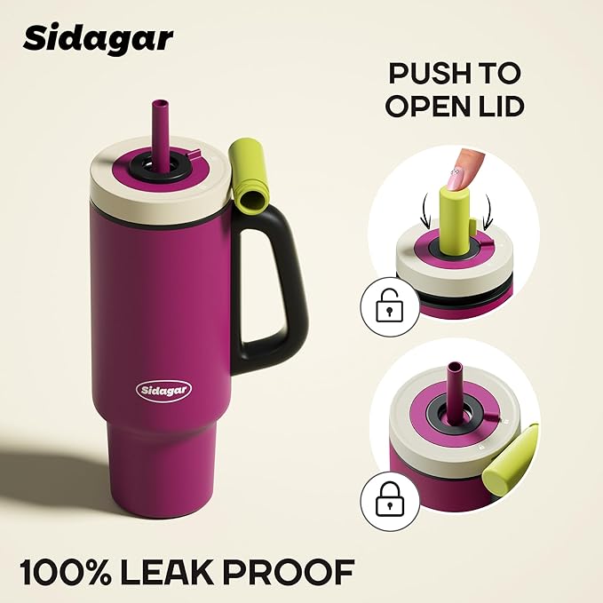 Tumbler with Handle,36 oz Ceramic Lined Travel Mug Water Bottle with Straw,Vacuum Insulated Stainless Steel Cup with Lid,Fits Cup Holder, Leak Resistant Press-in Lid, Purple