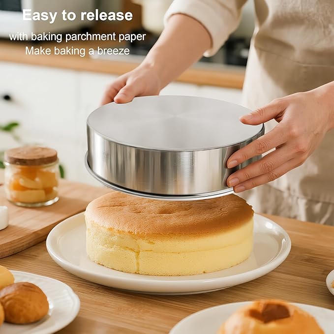 8 Inch Cake Pan Set of 2, Nonstick Stainless Steel Round Layer Cake Baking Pans with 100PCS Parchment Papers, Circle Cake Pan Tins for Birthday Christmas, Non-Toxic & Healthy, Dishwasher Safe