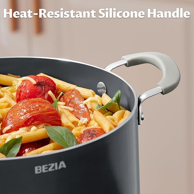 10 Quart Nonstick Stock Pot with Lid - BEZIA Ceramic Large Soup Pot, Big Pot with Silicone Handles, Easy Cleanup, Compatible with All Cooktops, Perfect for Roasts, Large Batches & Holiday Cooking
