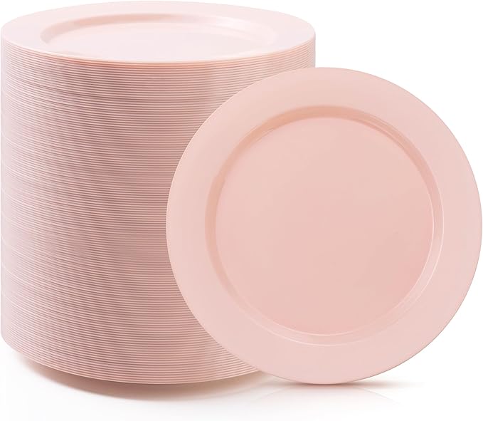 100PCS Pink Plastic Dinner Plates 10inch, Premium Hard Disposable Plates for Party, Wedding