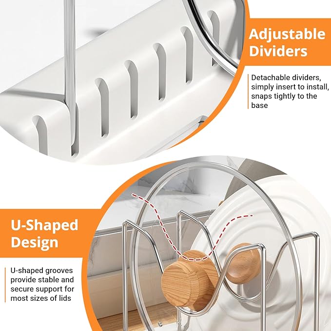 Expandable Pot and Pan Organizer Rack for Cabinet, Pot Lid Organizer Holder with 7 Stainless Steel Adjustable Dividers for Kitchen Cabinet Organizer and Storage (White)