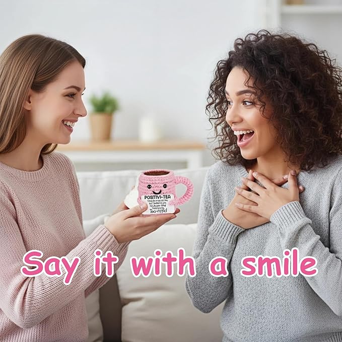 Cute Birthday Gifts for Women, Positive Handmade Crochet Pink Tea Cup Desk Decor–Tea Lovers Funny Unique Emotional Small Gift for Best Friends Girlfriend Wife Mom Coworkers Thank You Valentines Day
