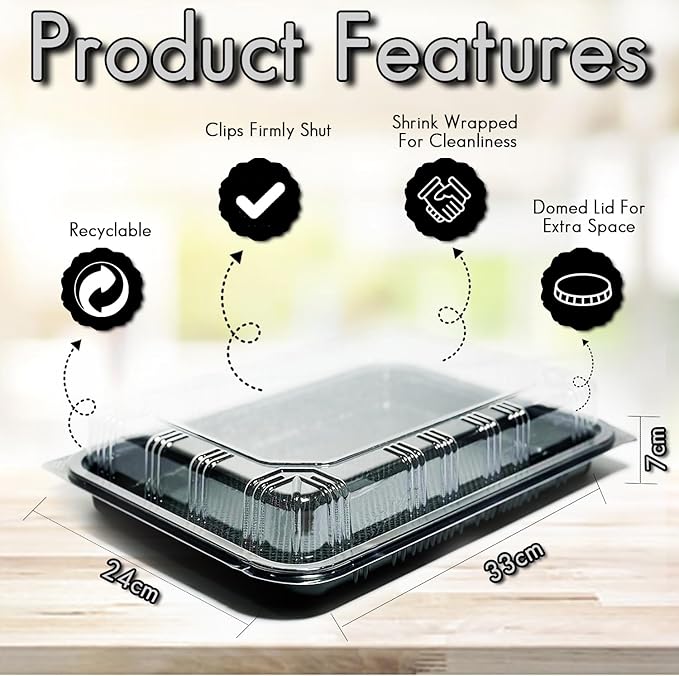TRAYA Pack of 10 Serving Tray with lid - Reusable Catering Trays with Lids 13'' Long for Meal Prep, Cakes, Treats and Sandwiches (13 * 2.7 * 9.4inch)