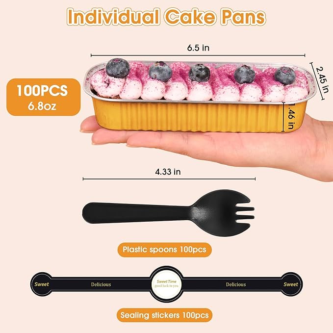 100 Pack Mini Cake Pans with Lids and Spoons,Disposable Aluminum Foil Cake Tins（6.8oz） Individual Small Cake Baking Containers for Party,Wedding,Birthday