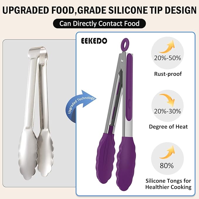 Kitchen Tongs, Stainless Steel Cooking Tongs with Silicone Tips, 600ºF High Heat-Resistant Non Scratch Locking Tongs for Cooking BBQ Grilling Air Fryer Pans, Set of 2 (7" 9" and 12") Purple