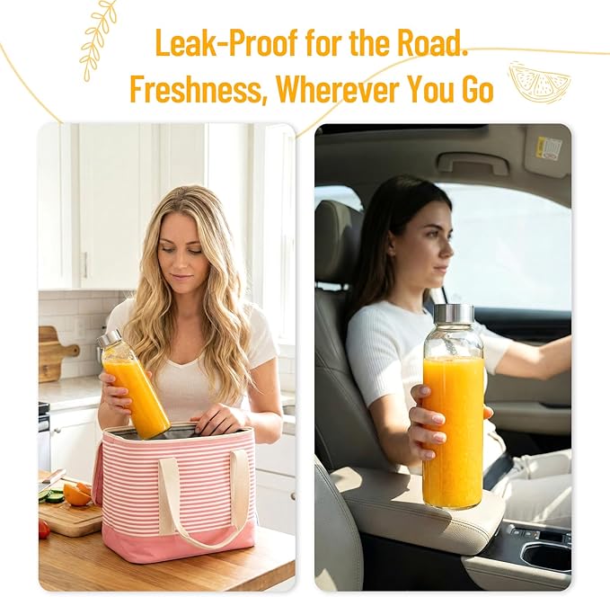 Clear Glass Bottles with Lids 18 oz, Reusable Glass Water Bottles with Stainless Steel Cap for Juicing, Refrigerator,100% Leak Proof, BPA Free, Juice Water Bottle Set of 10