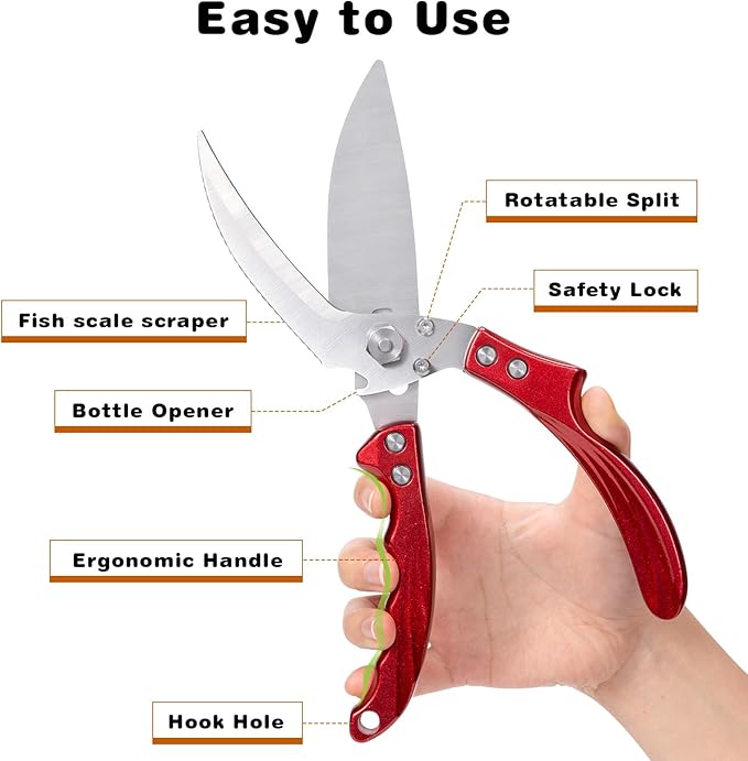 Kitchen Shears turkey shears for food - Stainless Steel Poultry Shears Heavy Duty for Meat Bones Seafood, All Purpose Food Scissors, Detachable Blades, Ergonomic Handle, Dishwasher Safe, Red