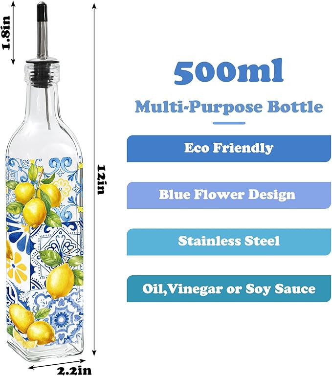JarThenaAMCS Capri Lemon Olive Oil Dispenser Bottle Glass Cruet Bottle with Spout Vintage Lemon Blue Tile Cooking Vinegar Container for Summer Home Kitchen Table Countertop Decor