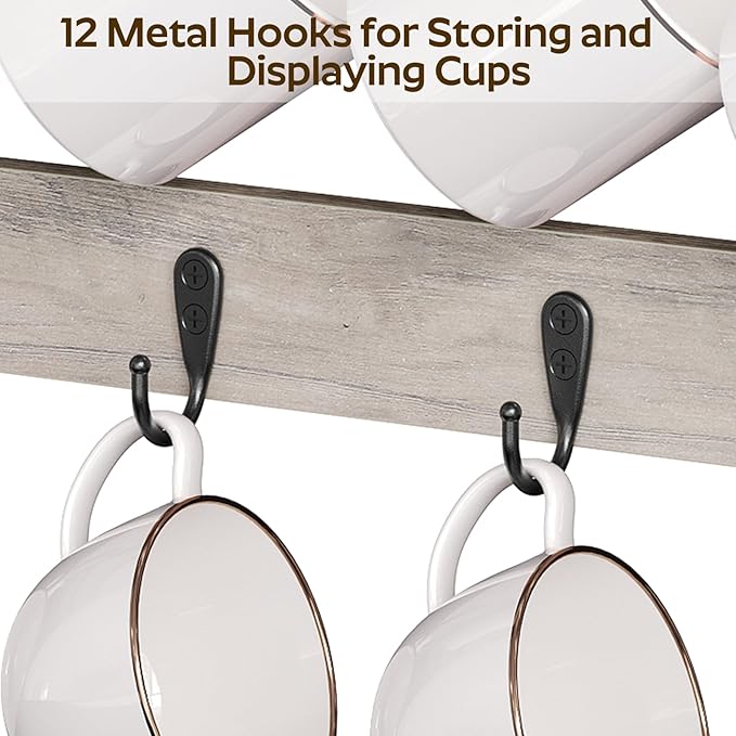 Coffee Mug Holder Stand, 3 Tier Mug Tree Rack, Hanging 12 Cups, with Top Shelf, for Kitchen, Dining Room, Living Room, Cafe, Greige and Black MH42BG