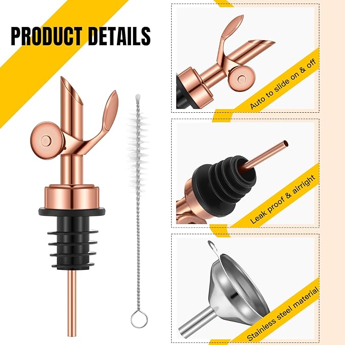 Tioncy 4 Pieces Weighted Stainless Steel Pourers Olive Oil Spout Olive Oil Dispenser Spout Automatic Opening and Closing with Funnel and Brush for Pouring Wine Syrup Kitchen(Rose Gold)