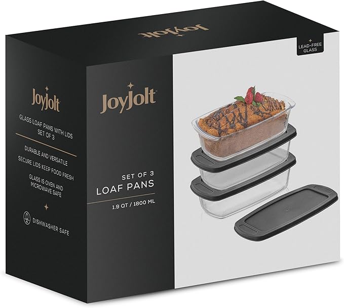 JoyJolt 3pc Loaf Pans for Baking Bread with Lids Baking Set. 1.9 Quart, Large Rectangular Baking Dish With Lid. Oven Pan, Banana Bread Pan, Lasagna Pan Deep with Lid, Bread Saver Container Airtight