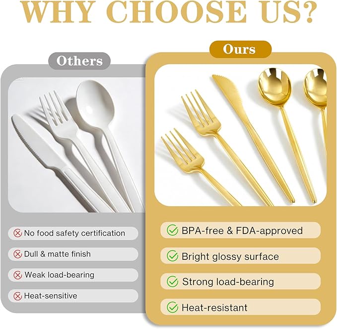Supernal 180PCS Gold Plastic Silverware Gold Silverware Disposable Cutlery Plastic Utensils Heavy Duty Disposable Utensils Includes: 60 Knives, 60 Forks and 60 Spoons for Party, Birthday, Wedding