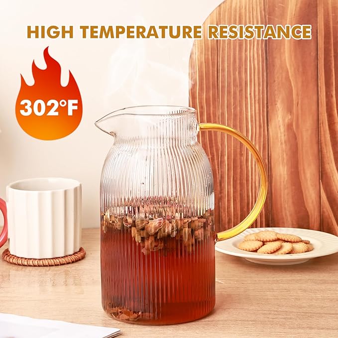 Ribbed Glass Pitcher With Lid and Spout, Glass Water Jugs With Handle, Water Carafe for Hot and Cold Beverage, Brew, Iced Tea, lemonade, Juice, Coffee, Milk, 1.4 Liter 47 Ounce, Borosilicate