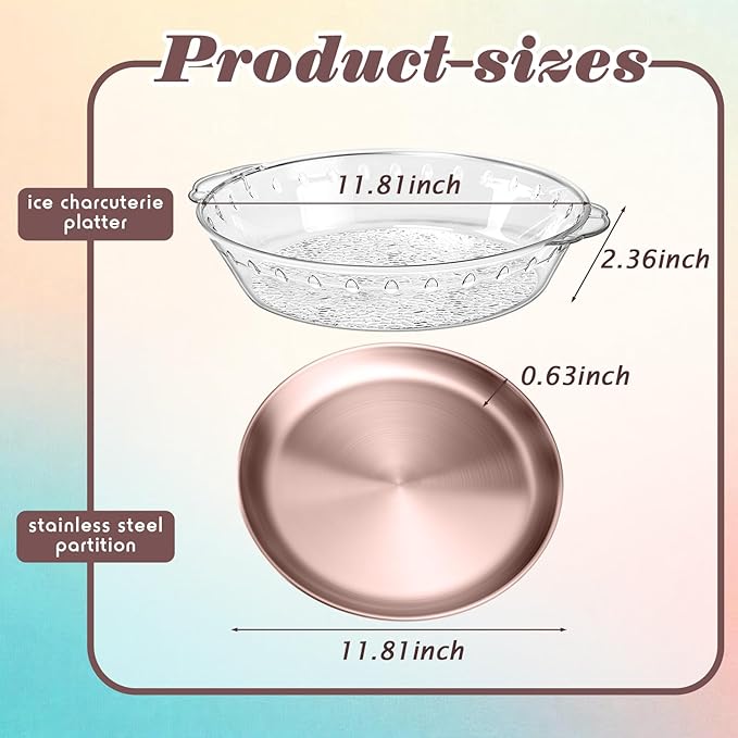 Baderke 3 Set 11.8" Chilled Serving Tray for Parties with Compartments Ice Chilled Party Platter Charcuterie Serving Board Cold Dish Dip for Fruit Seafood Vegetable Shrimp Cocktail (Rose Gold)