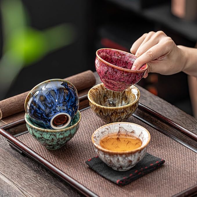 5Pcs Ceramic Tea Cup Set, 4oz Chinese Tea Cups with Designed Gift Box - 5 Stylish Colors