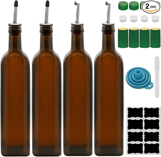 4Pcs 25 oz Olive Oil Dispenser Bottle,750 ml Glass Oil and Vinegar Dispenser Set with Pourers and Funnel ，Oil Bottles for Kitchen Large capacity oil bottles (Brown 4pcs)