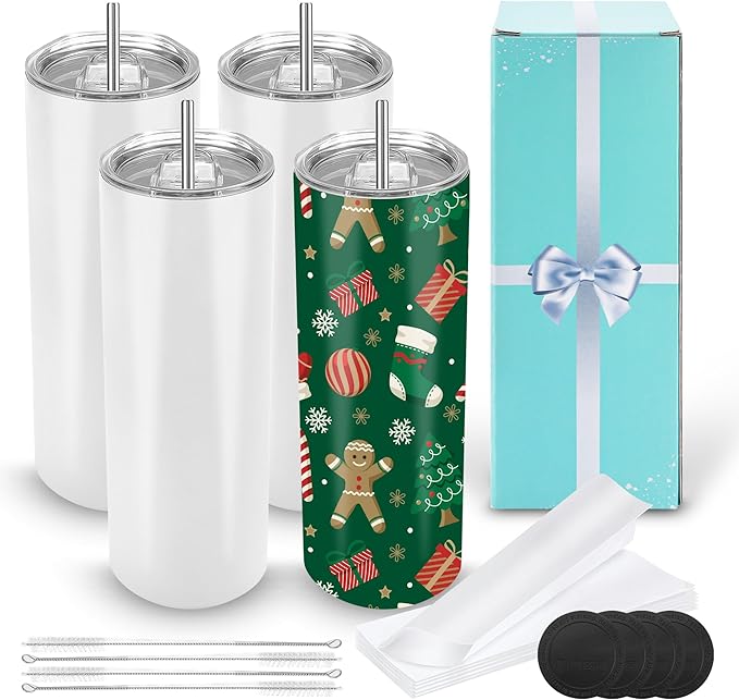 D·S 4 Pack Sublimation Tumblers 20 oz Bulk Skinny Straight Flat Bottom Blank Tumbler Cups with Individual Gift Boxed for Heat Transfer DIY Craft