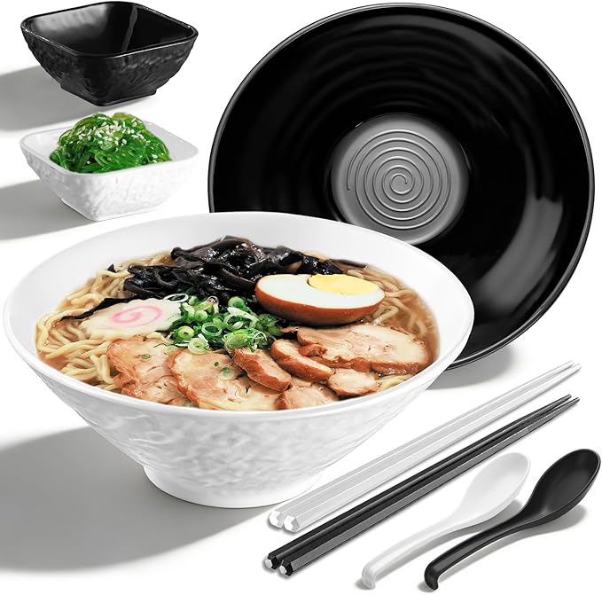 Kyraton Ramen Bowl Set 40oz with Chopsticks Dipping Bowls and Spoons: 2 large Unbreakable Japanese Style Plastic Noodle Soup Bowls for Asian Pho Soup Thai Miso Udon Wonton (Black, White)