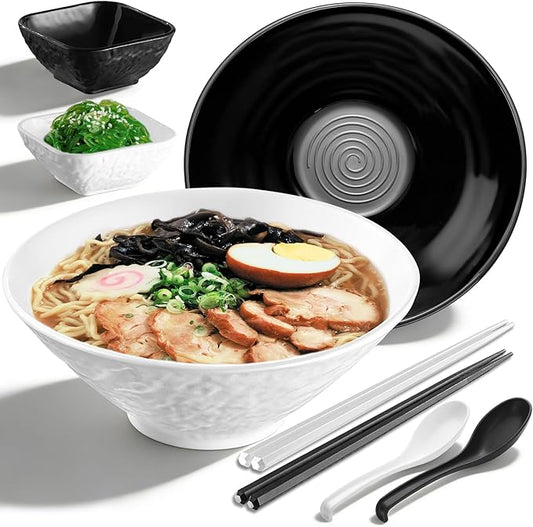 Kyraton Ramen Bowl Set 40oz with Chopsticks Dipping Bowls and Spoons: 2 large Unbreakable Japanese Style Plastic Noodle Soup Bowls for Asian Pho Soup Thai Miso Udon Wonton (Black, White)