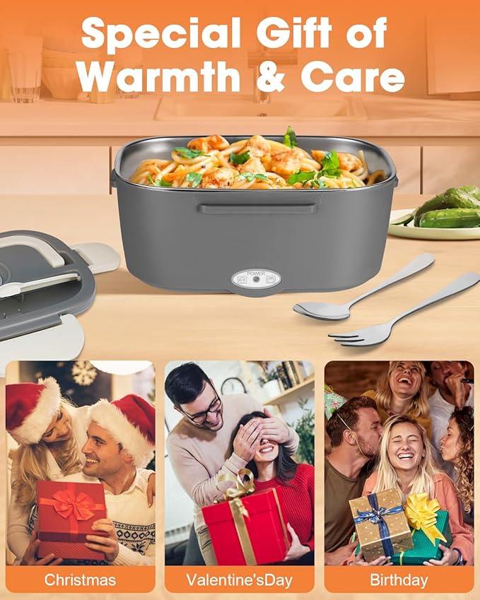 Heated Lunch Box for Men: 80W Electric Lunch Box with Dual Stainless Steel Containers - 12V/24V/110V Food Warmer with Utentils and Insulated Bag for Work, Truck Drivers, Office and Travel