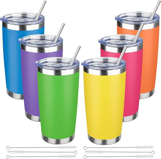 20 oz Tumbler with Lids and Straws, Stainless Steel Insulated Travel Coffee Mug, Double Wall Vacuum Insulated Tumblers, Powder Coated Coffee Tumbler for Cold & Hot Drinks (Mix Color-7, 6 Pack)