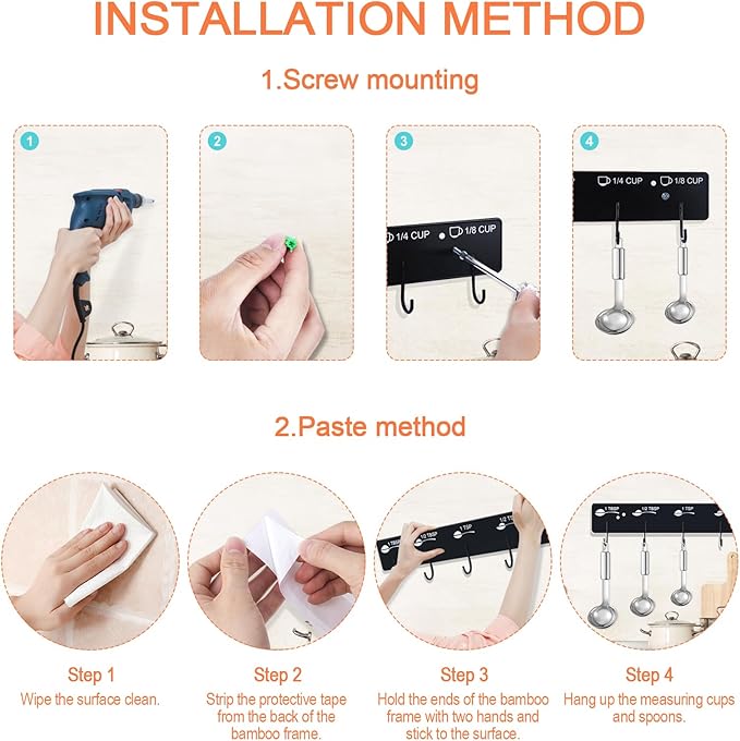 Premium Measuring Cups and Spoons Hanging Rack with stick, Measuring Cup Organizer Rack Suitable for Kitchen Hanging Cups and Spoons, Including Screw and Adhesive Mounting (Stickers+Measuring)
