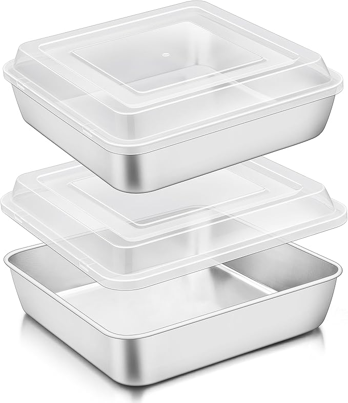 TeamFar 9 x 9 Inch Square Cake Pan, Stainless Steel Square Baking Pan with Lid for Brownie Lasagna, Non-Toxic & Heavy Duty, One-Piece & Smooth, Dishwasher Safe & Easy Clean (2 Pans + 2 Lids)