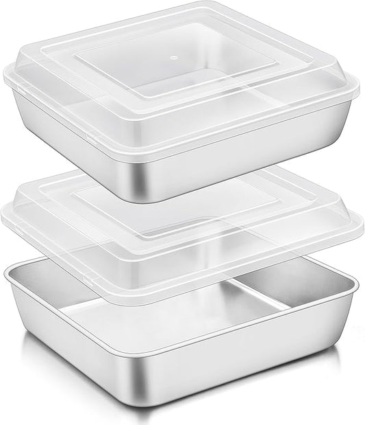 TeamFar 9 x 9 Inch Square Cake Pan, Stainless Steel Square Baking Pan with Lid for Brownie Lasagna, Non-Toxic & Heavy Duty, One-Piece & Smooth, Dishwasher Safe & Easy Clean (2 Pans + 2 Lids)