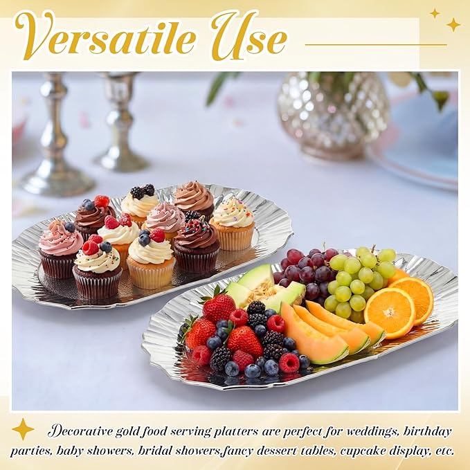 12 Pcs Sliver Plastic Serving Tray Bulk, 14.5" x 8.6" Rectangle Silver Party Platters Reusable Decorative Dessert Table Serving Trays Snack Food Tray for Cupcake Wedding Birthday Party