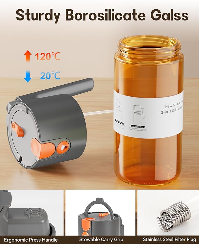 Upgrade 2 in 1 Oil Sprayer for Cooking, 17oz Light-Blocking Glass Olive Oil Dispenser Bottle for Kitchen,Food-Grade Oil Mister with 8 Stickers for Salad, Frying (Grey)