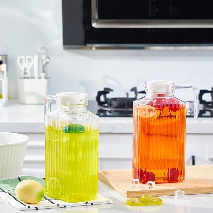Panitay 4 Pcs 51 Ounces Plastic Pitcher with Lid Clear Acrylic Refrigerator Safe Pitcher Shatter Proof Juice Containers with Lids for Water Milk Sangria Lemonade Cold Drinks