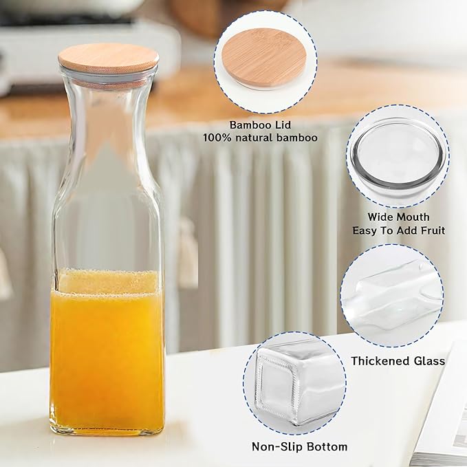 Glass Carafe with Bamboo Lid, Square 35 Oz Beverage Dispensers Carafe, Mimosa Bar Supplies, Clear Glass Pitcher with Name Labels for Iced Tea, Coffee, Juice(Set of 2)