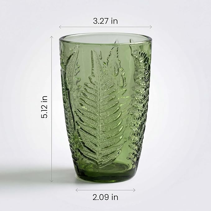 Green Drinking Glasses Set of 4, 12 oz Hand-Pressed Vintage Drinking Glasses, Deep Textured Antique Glassware, Fern Embossed Highball Tumblers, Colored Boho Glass Cups, Retro Style Drinkware Gift Set