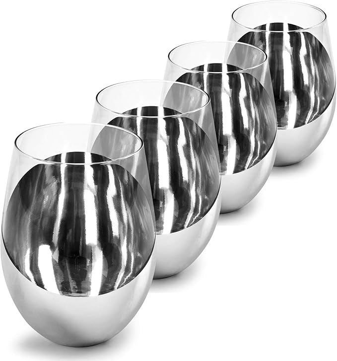 MyGift Premium Silver Stemless Wine Glasses Gift Set of 4 Modern Metallic Barware with Elegant Accents, Perfect Wedding & Anniversary Present - Dishwasher Safe & Shatter Resistant